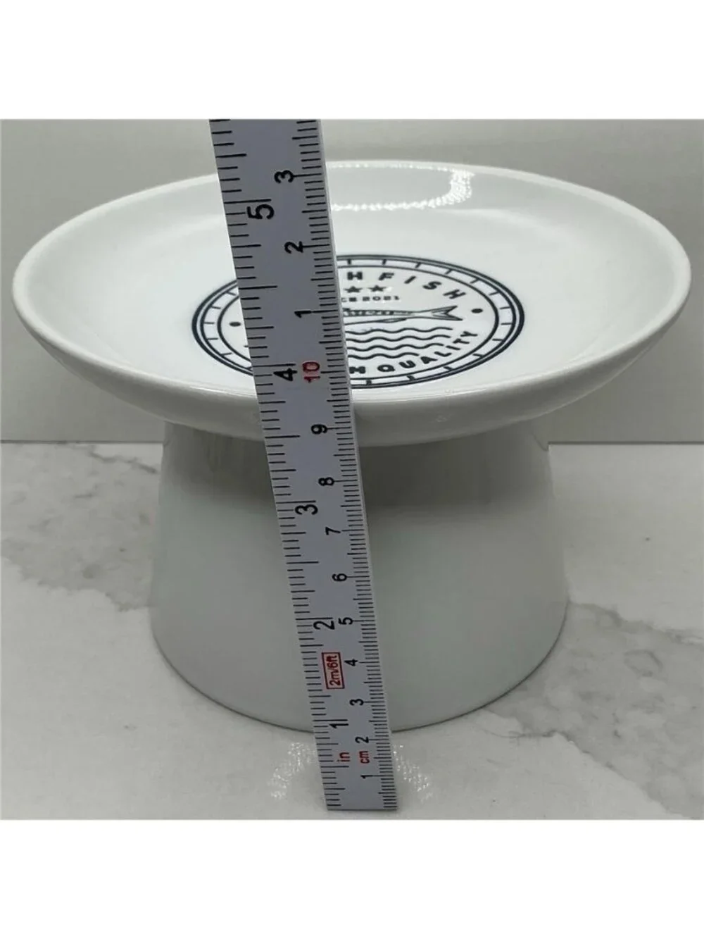 Signature Elevated Bowl Cat Ceramic Fresh Fish Design White New